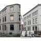 Før- og etterbilde av fasade av Grågården. Tilbakeføring av vinduer, og gesimsen er løftet.