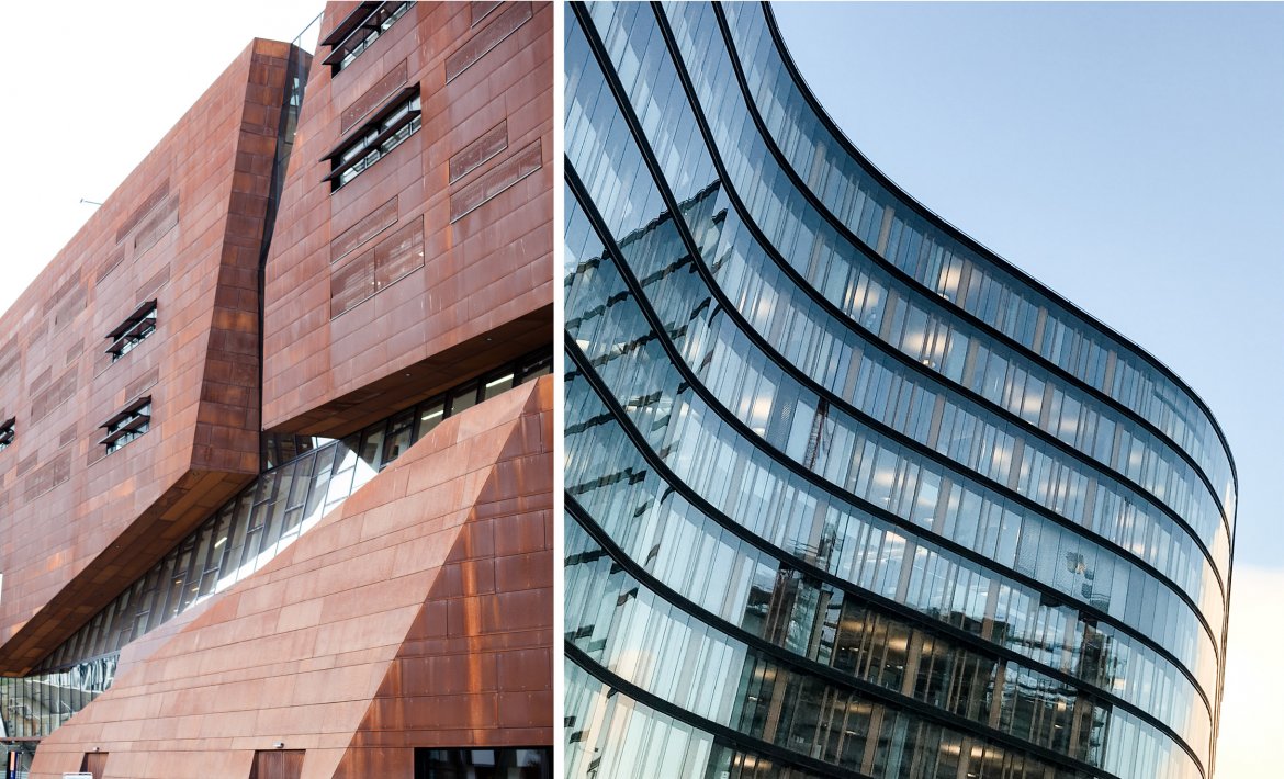 To bilder av fasadearkitektur. Ett bilde viser en kantete cortenstålfasade, det andre viser en bølgete glassfasade