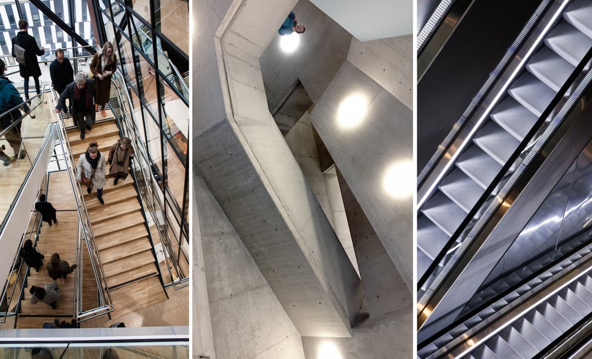 Tre bilder ved siden av hverandre med trapper og rulletrapper