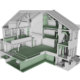 3D-rendering av Holsts gate 3. Snitt gjennom bygningsmodellen som viser interiøret og rommenes plassering.