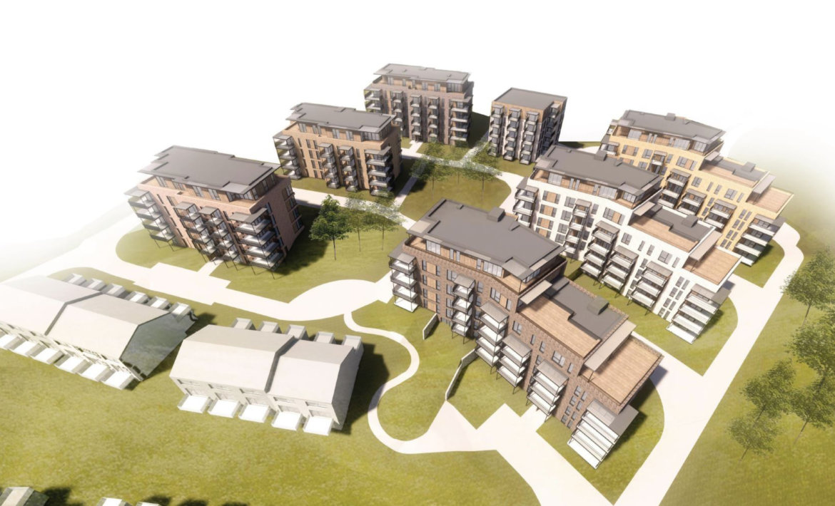 Kvernstua boligprosjekt - 3D-illustrasjon sett ovenfra. 7 ulike blokker.